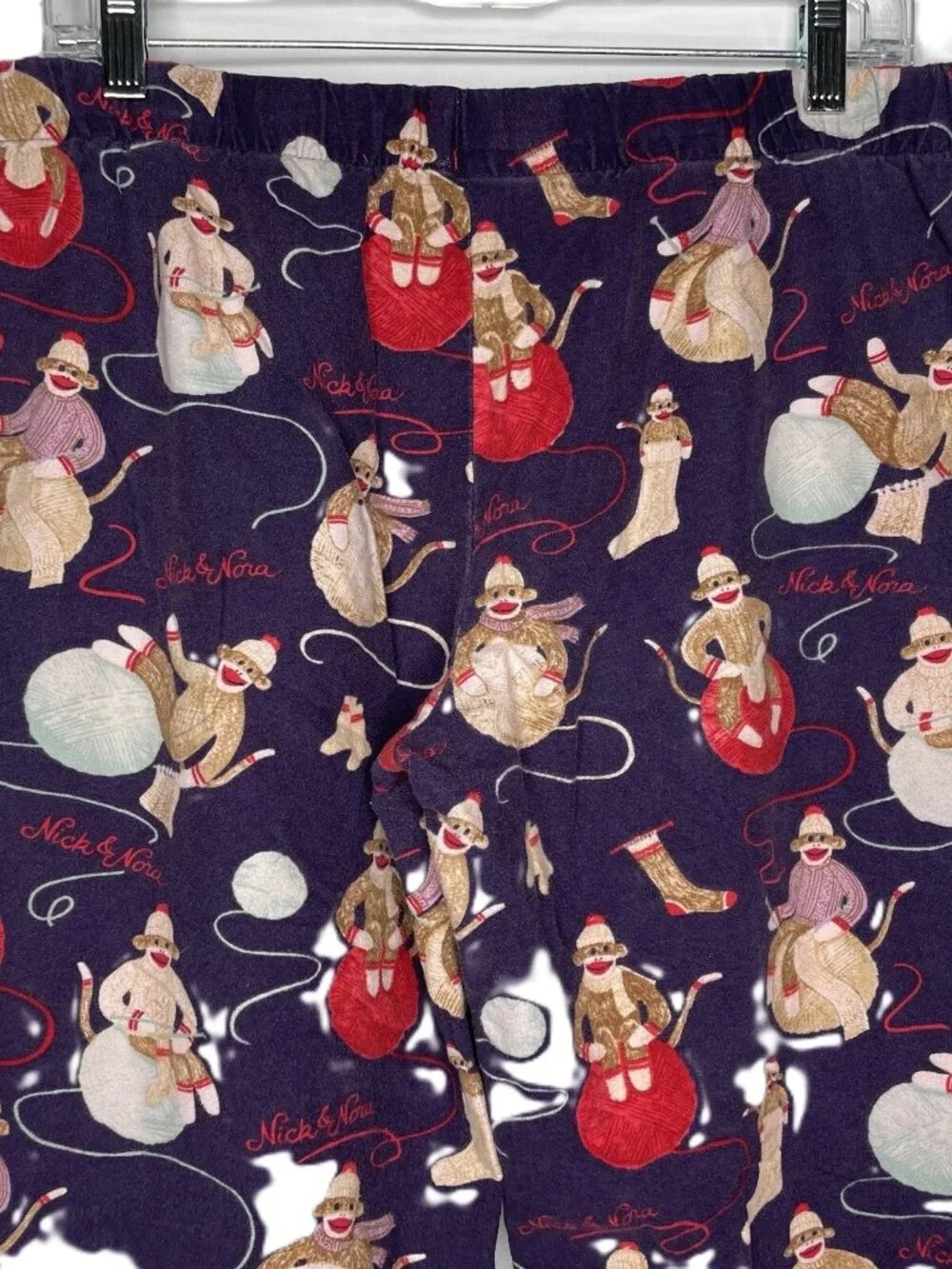 Nick & Nora Purple Flannel Pajama Lounge Pants Size S Sock Monkeys Knitting Yarn